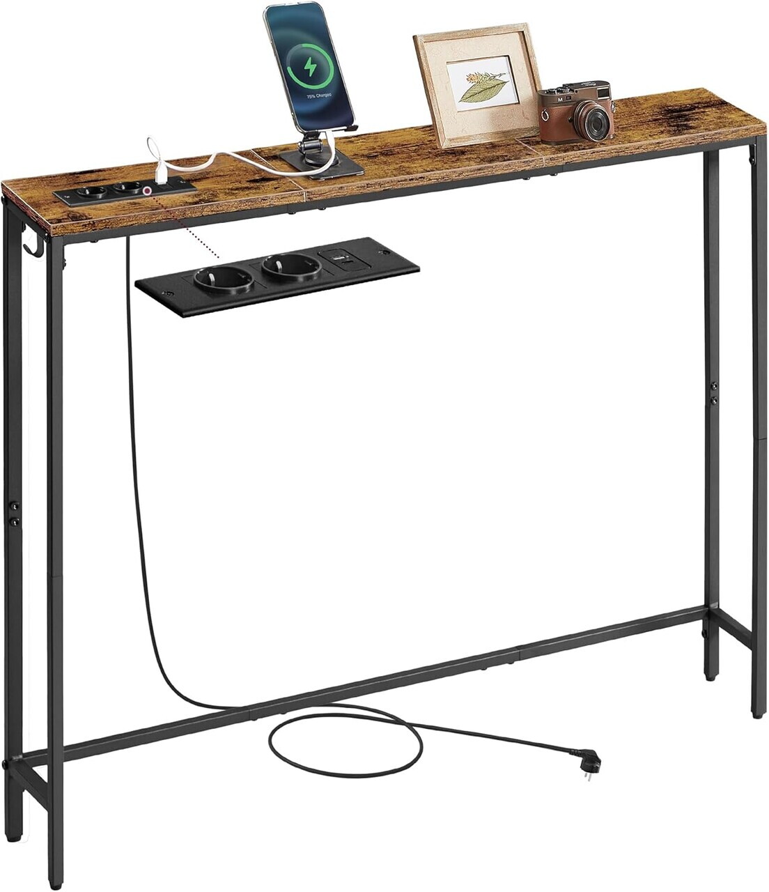 Consola ingusta cu priza si USB, Vasagle, 100x15x80 cm, PAL/otel, maro vintage/negru - imagine 7